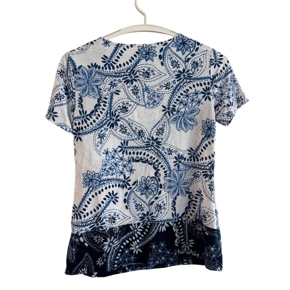 JM Collection Petite Womens Short Sleeve Top P/P Polyester Blue White Floral Kni - Picture 5 of 6